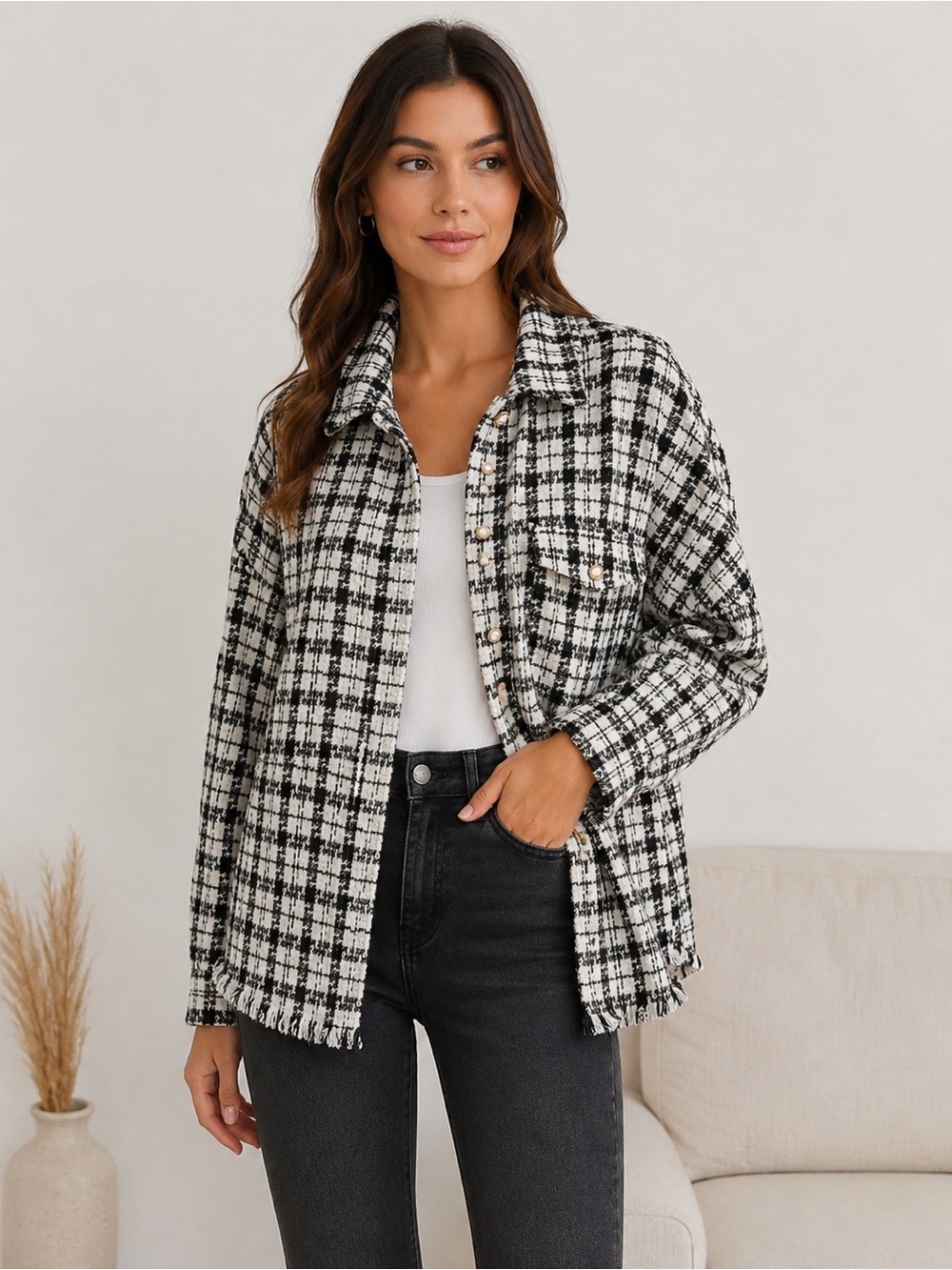Umgee Houndstooth button down pearl embellished buttons Shacket S